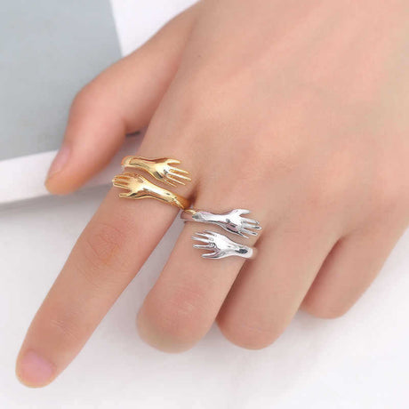 Rose Gold Plated Hug Ring - Romantic Embracing Hands Adjustable Design