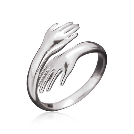 Sterling Silver Embrace Ring - Hugging Hands Adjustable Design