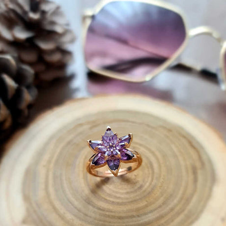Ring - Rose Gold Plated Silver Purple Amethyst Lotus Flower Ring