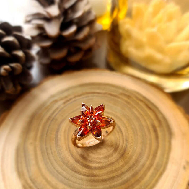 Rose Gold Plated Silver Ring - Fiery Red Gemstone Lotus Flower