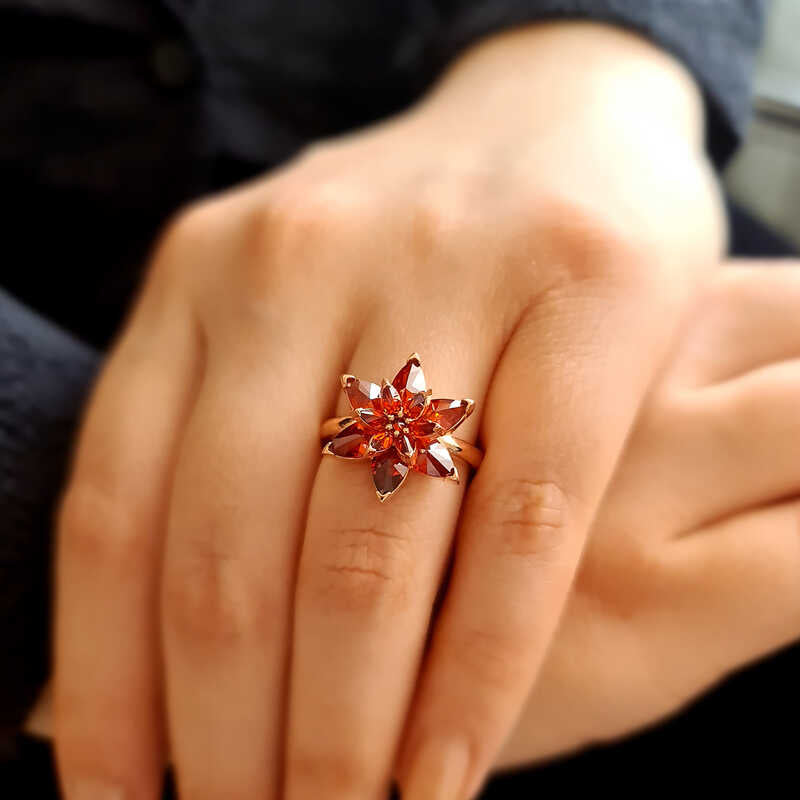 Rose Gold Plated Silver Ring - Fiery Red Gemstone Lotus Flower