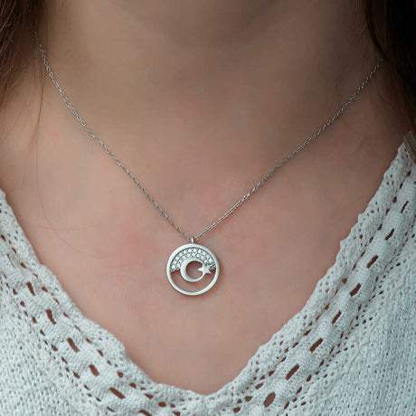 Sterling Silver Crescent Moon & Star Pendant Necklace - Sparkling Zirconia