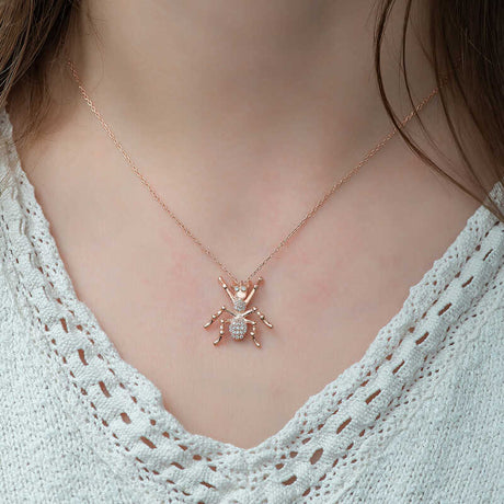 Rose Gold Plated Sterling Silver CZ Spider Pendant Necklace