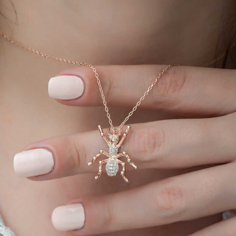 Rose Gold Plated Sterling Silver CZ Spider Pendant Necklace
