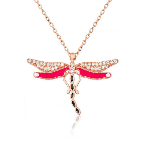 Necklace - Rose Gold Plated Dragonfly Pendant with CZ & Enamel Accents