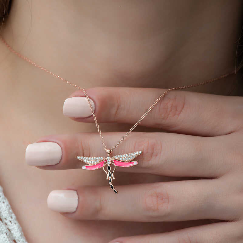 Necklace - Rose Gold Plated Dragonfly Pendant with CZ & Enamel Accents