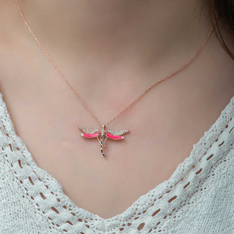Necklace - Rose Gold Plated Dragonfly Pendant with CZ & Enamel Accents