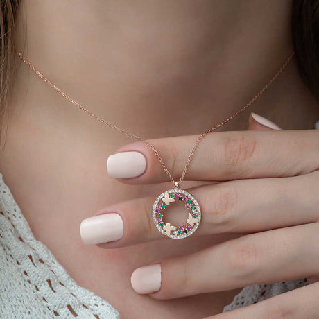Necklace - Rose Gold Plated Sterling Silver Colorful Butterfly Circle Pendant