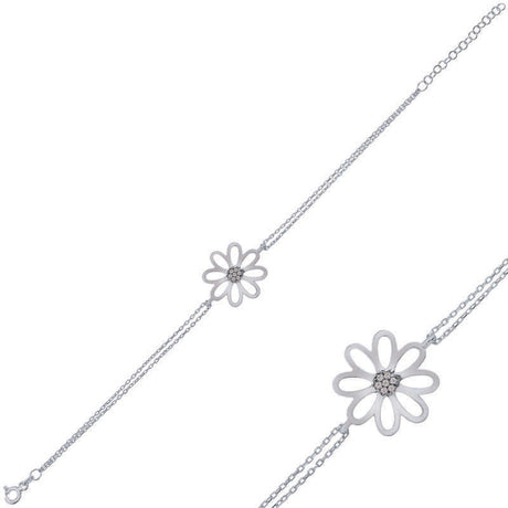 Sterling Silver Daisy Bracelet - Dainty Cubic Zirconia Floral Charm