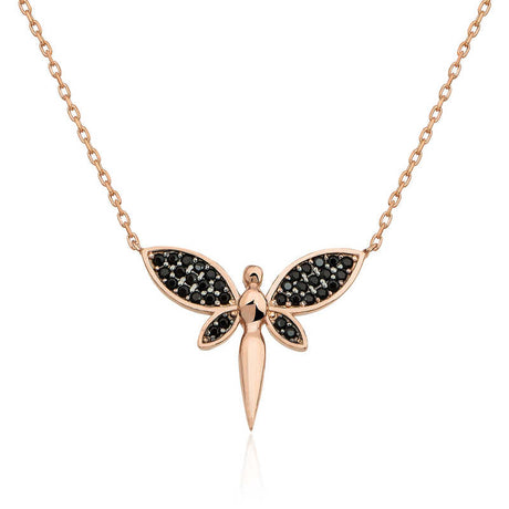 Elegant Rose Gold Plated Silver Dragonfly Necklace with Black Stones