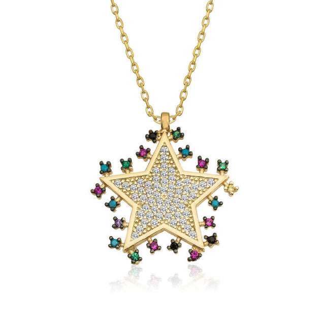 Necklace - Gold-Tone Pave Star with Multi-Color Gemstone Accents