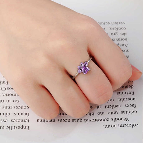 Sterling Silver Adjustable Ring - Purple Heart & Paw Print Design