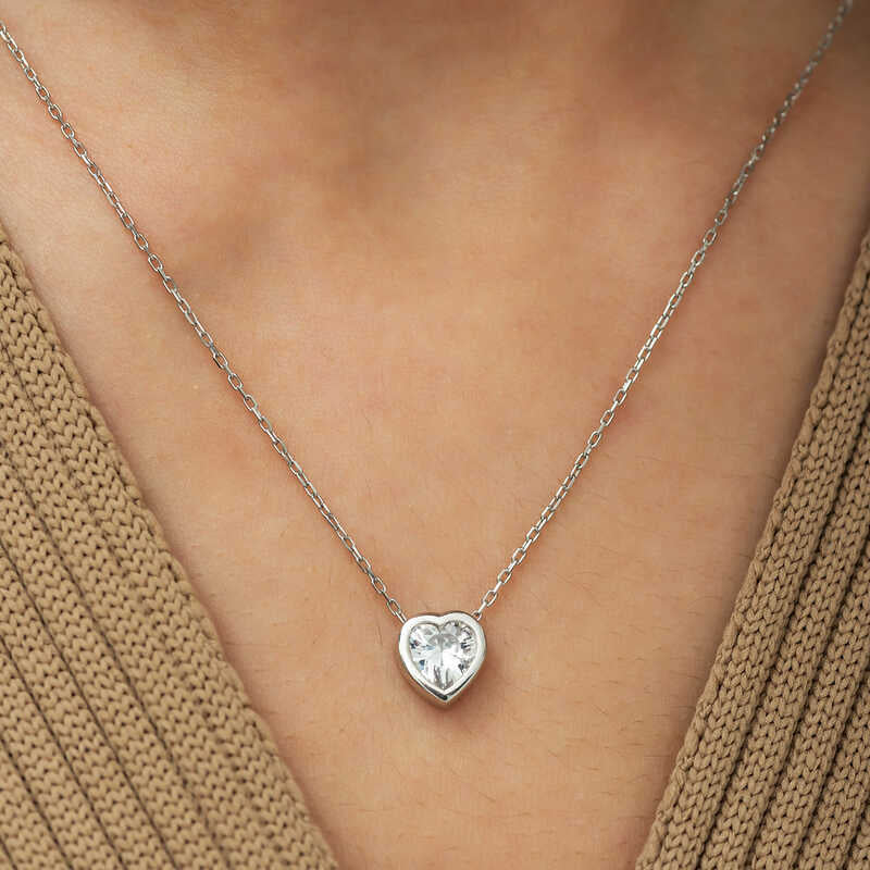 Sterling Silver - Dainty Bezel Heart Solitaire Necklace