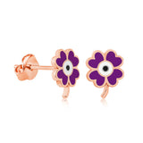 Stud Earrings - Rose Gold-Tone Purple Clover Evil Eye Design
