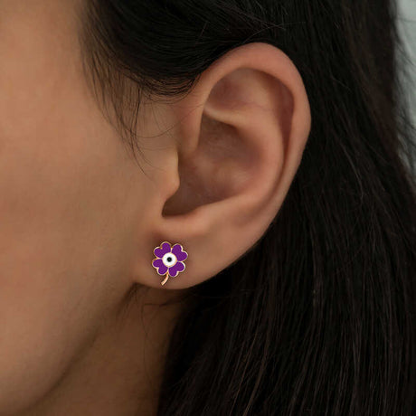 Stud Earrings - Rose Gold-Tone Purple Clover Evil Eye Design