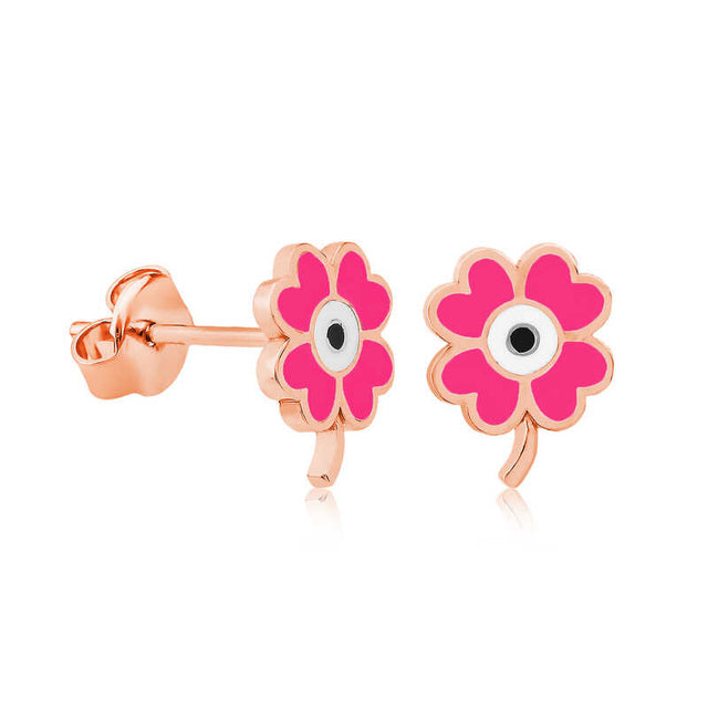 Rose Gold Plated Silver Pink Enamel Clover Stud Earrings