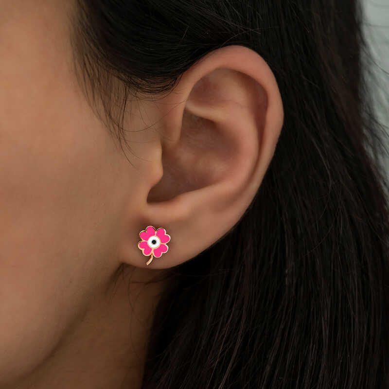 Rose Gold Plated Silver Pink Enamel Clover Stud Earrings