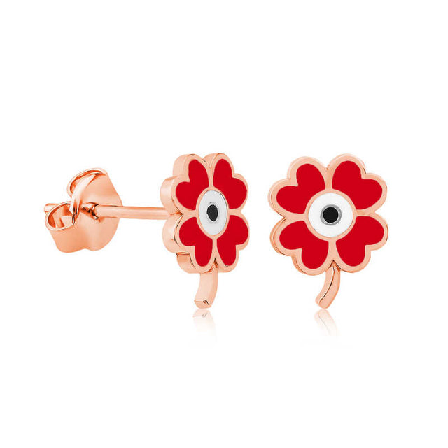 Rose Gold Plated Red Enamel Clover Evil Eye Stud Earrings
