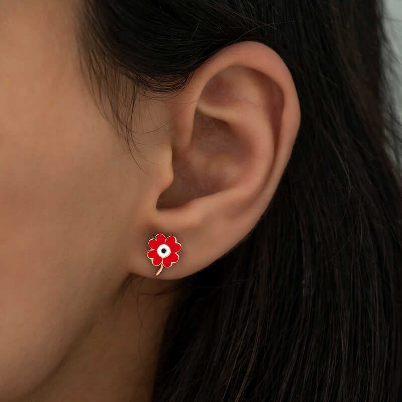 Rose Gold Plated Red Enamel Clover Evil Eye Stud Earrings