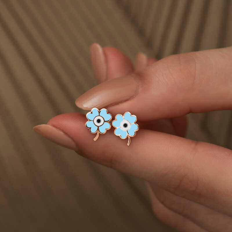Rose Gold Plated Sterling Silver Clover Evil Eye Stud Earrings