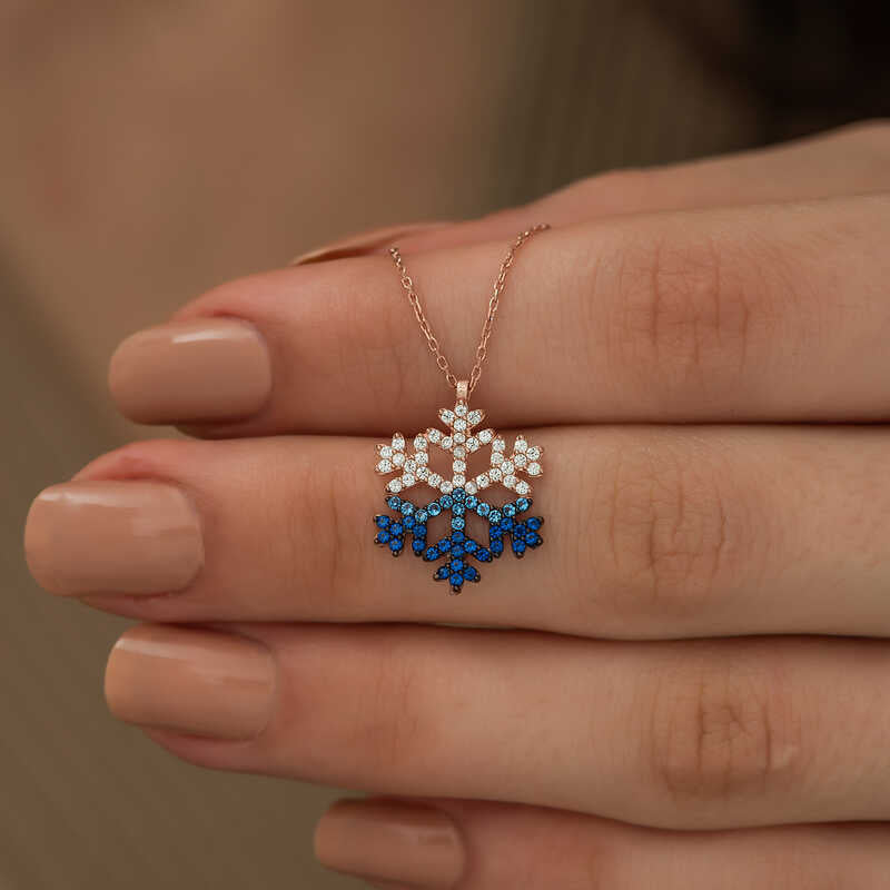 Rose Gold Plated Snowflake Necklace - Gradient Blue & Clear CZ
