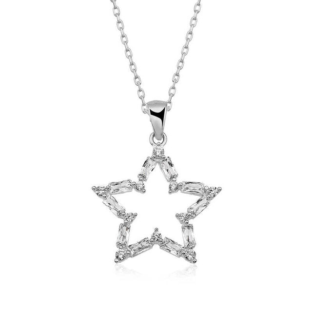 Sterling Silver - Baguette & Round Cubic Zirconia Star Necklace