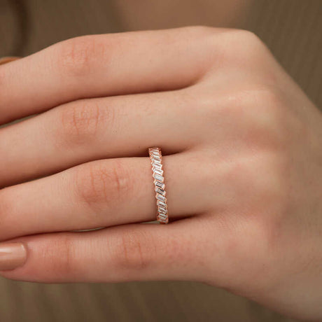 Rose Gold Tone Ring - Elegant Staggered Baguette Gemstone Band