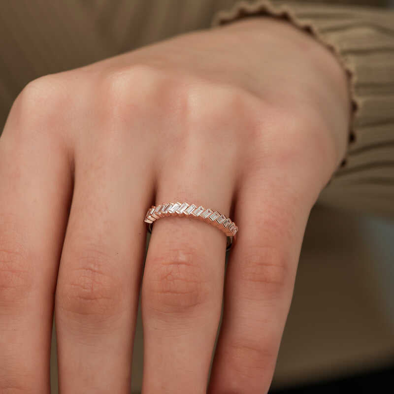 Rose Gold Tone Ring - Elegant Staggered Baguette Gemstone Band