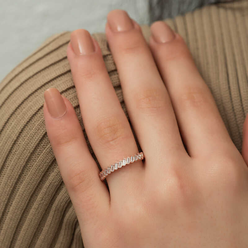 Rose Gold Tone Ring - Elegant Staggered Baguette Gemstone Band