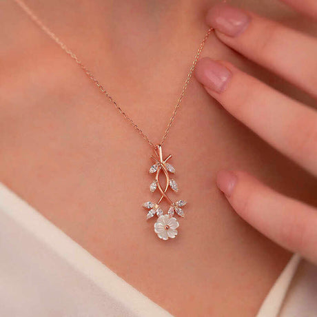 Necklace - Rose Gold Plated Sterling Silver Floral Marquise Zirconia