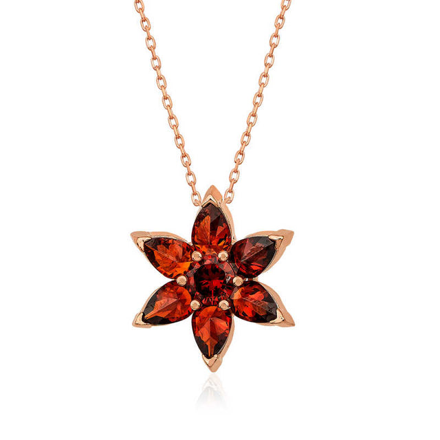 Rose Gold Plated Silver - Garnet Red Flower Pendant Necklace