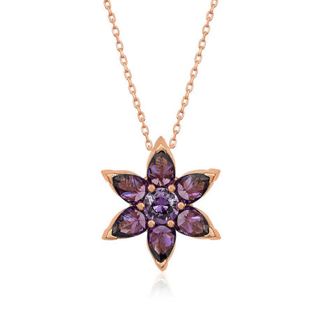 Necklace - Rose Gold Plated Silver Purple Amethyst Flower Pendant