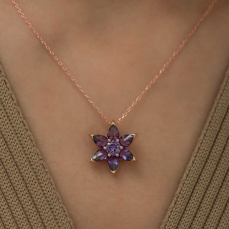 Necklace - Rose Gold Plated Silver Purple Amethyst Flower Pendant