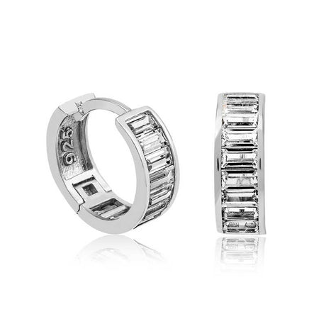 Hoop Earrings - Sterling Silver Baguette Zirconia Huggie Style