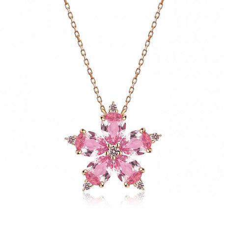 Rose Gold Cherry Blossom Necklace - Pink & Clear Gemstone Floral Pendant