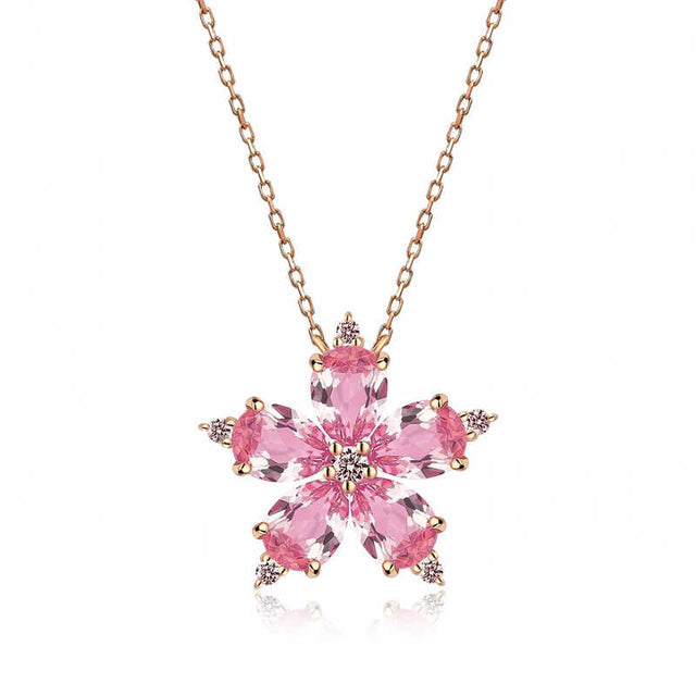 Rose Gold Cherry Blossom Necklace - Pink & Clear Gemstone Floral Pendant