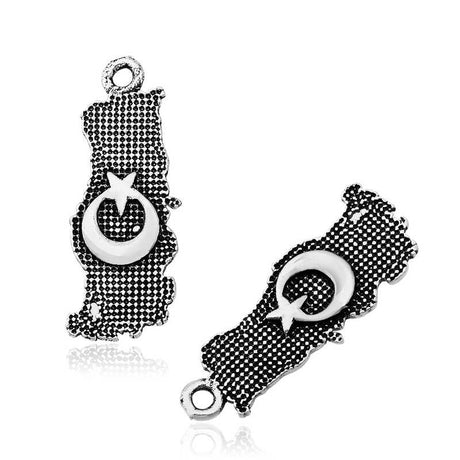 Silver-Tone Turkish Map Charm - Crescent Star Motif Pendant