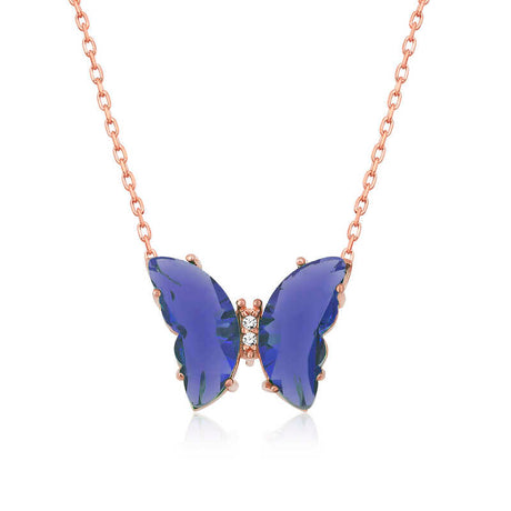 Butterfly Necklace - Rose Gold Tone, Blue Glass & Sparkle