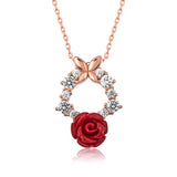 Rose Gold Tone Butterfly & Red Rose Necklace - Romantic Sparkle
