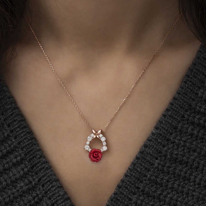 Rose Gold Tone Butterfly & Red Rose Necklace - Romantic Sparkle