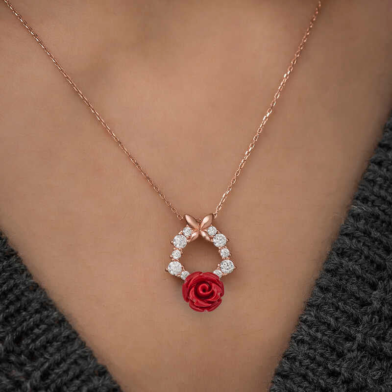Rose Gold Tone Butterfly & Red Rose Necklace - Romantic Sparkle