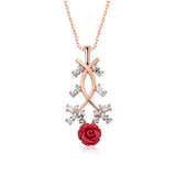 Rose Gold Tone Zirconia & Red Rose Floral Pendant Necklace
