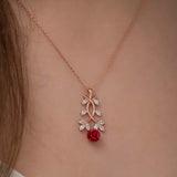 Rose Gold Tone Zirconia & Red Rose Floral Pendant Necklace