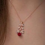 Rose Gold Tone Zirconia & Red Rose Floral Pendant Necklace