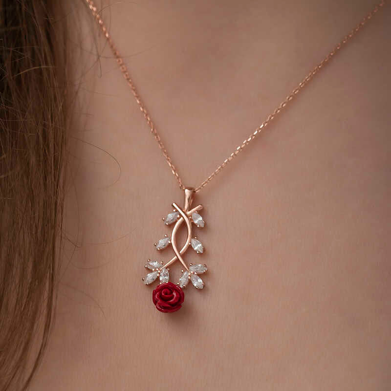 Rose Gold Tone Zirconia & Red Rose Floral Pendant Necklace