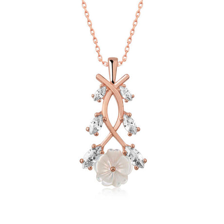 Necklace - Rose Gold Tone Marquise CZ & Mother of Pearl Floral Pendant