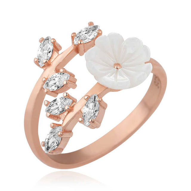 Ring - Rose Gold Tone White Flower & Marquise Stone Branch Ring