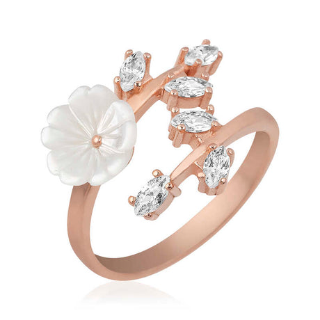 Ring - Rose Gold Tone White Flower & Marquise Stone Branch Ring