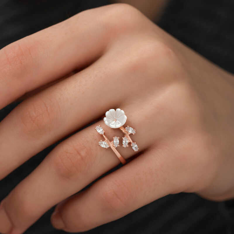 Ring - Rose Gold Tone White Flower & Marquise Stone Branch Ring