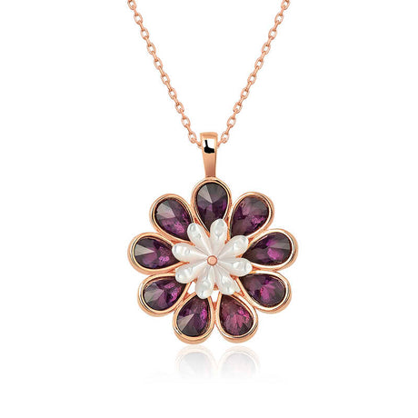 Necklace - Rose Gold Plated Sterling Silver Flower with Purple Crystals & MOP